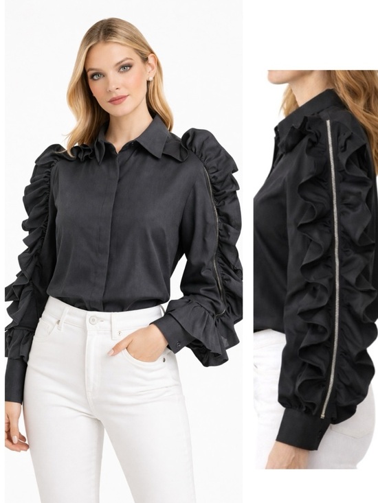 Tops - Dramatic Black Zip Ruffle Sleeve Top